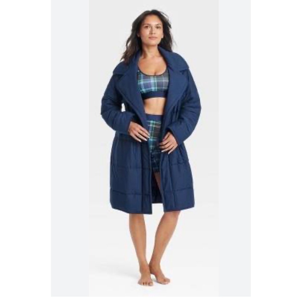 Auden Quilted Robe Medium L Navy Blue New Puffer Style Belted Loungewear Pocket